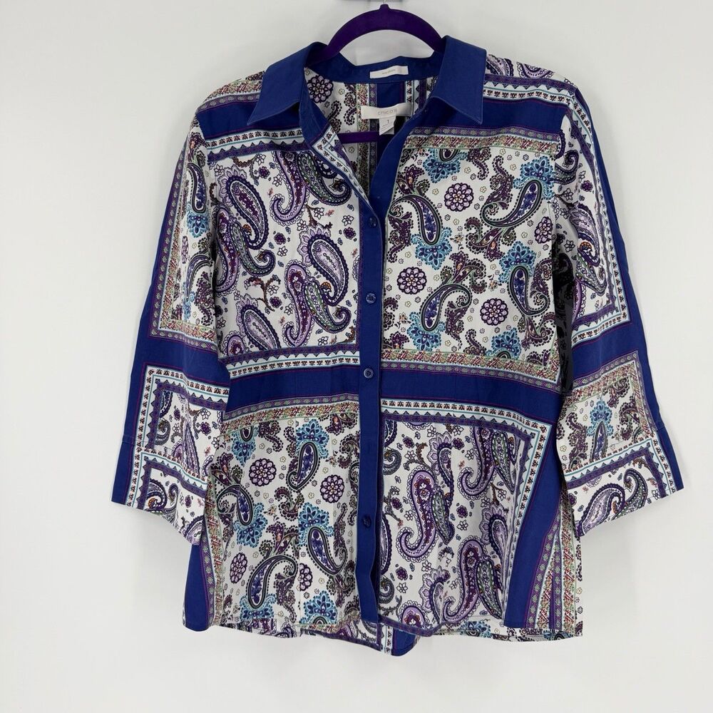 CHICO’S White Blue Paisley Floral Print No Iron Cotton Shirt Top Size 1